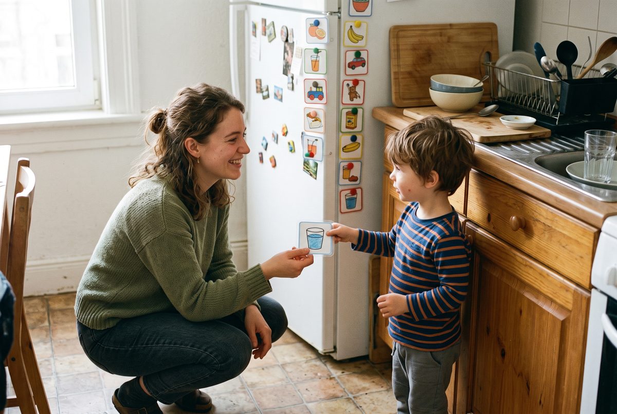 A young child hands a picture card to their specialist to ask for a drink.