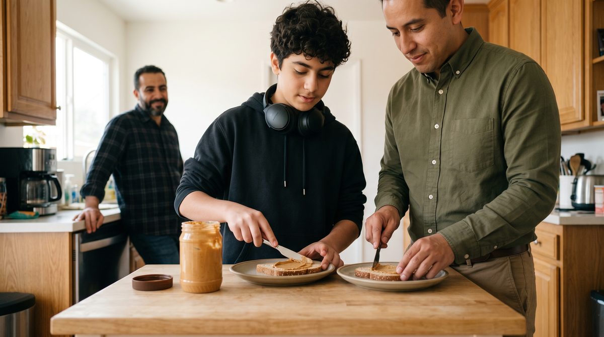 A teen spreads peanut butter on toast, copying the specialist beside them, while a parent looks on.