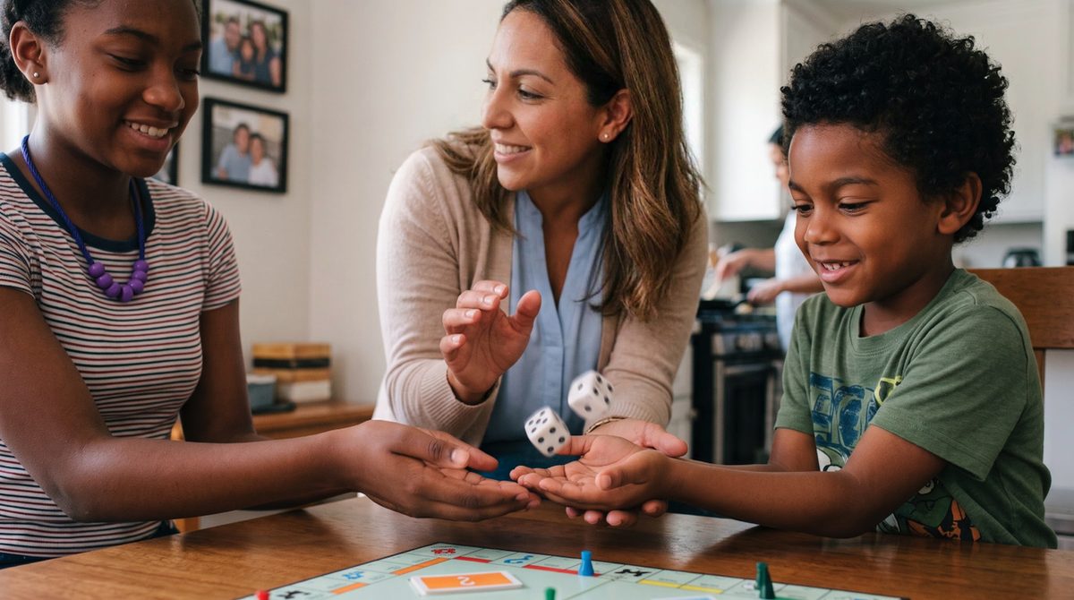 A teen takes a turn with the dice in a family board game while a specialist coaches.