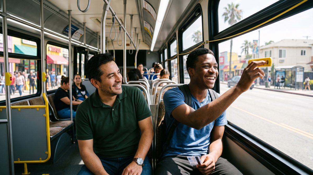 A young man presses the stop strip on a city bus, fare card in hand, while his specialist smiles beside him.