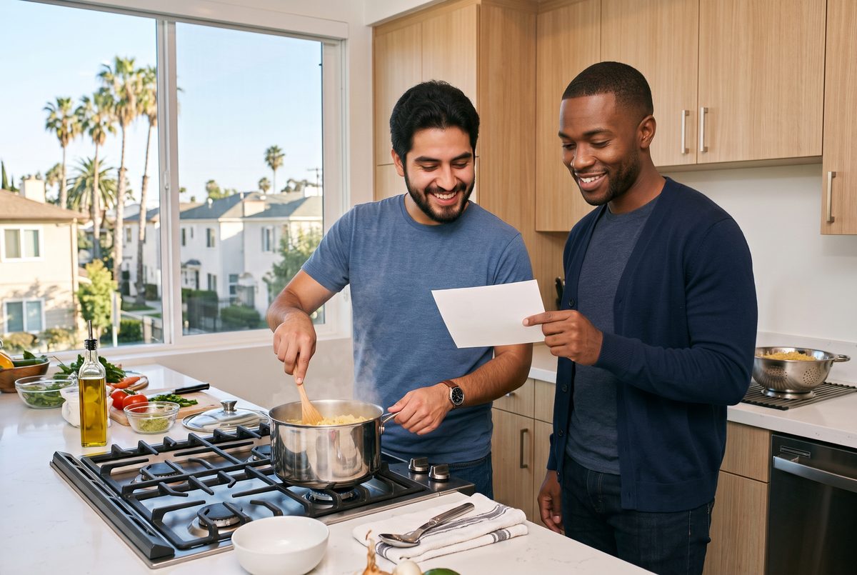 A man stirs a pot of pasta while his specialist holds the recipe card.
