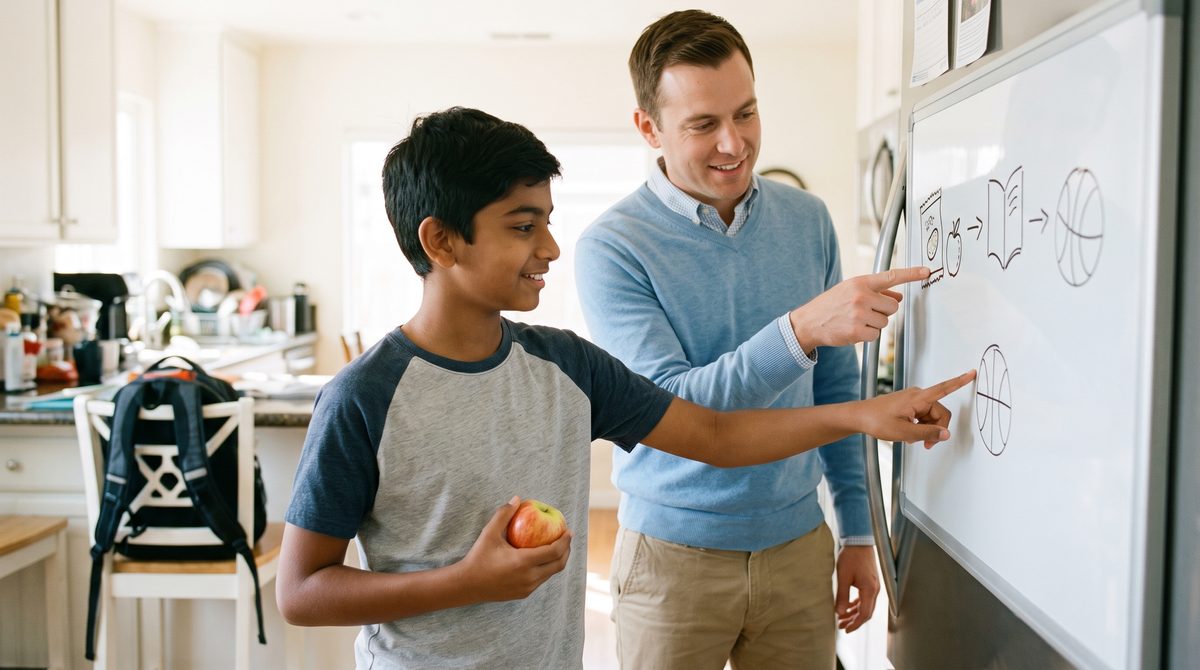 A teen holding an apple points to the next step on the picture schedule on the fridge, next to a specialist.