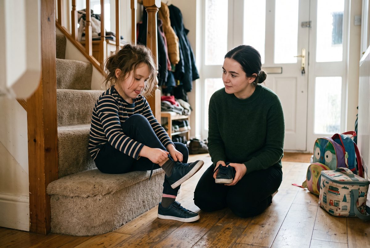 A child sits on the stairs putting on a shoe while a specialist waits with the other one.