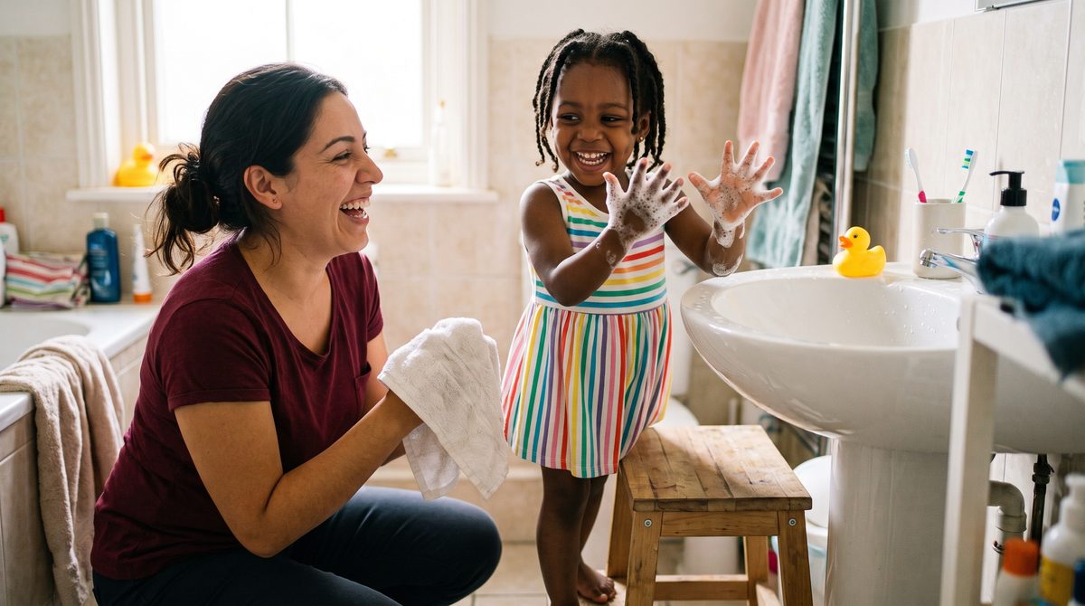 A young child holds up soapy hands at the bathroom sink while a specialist laughs beside them, towel ready.