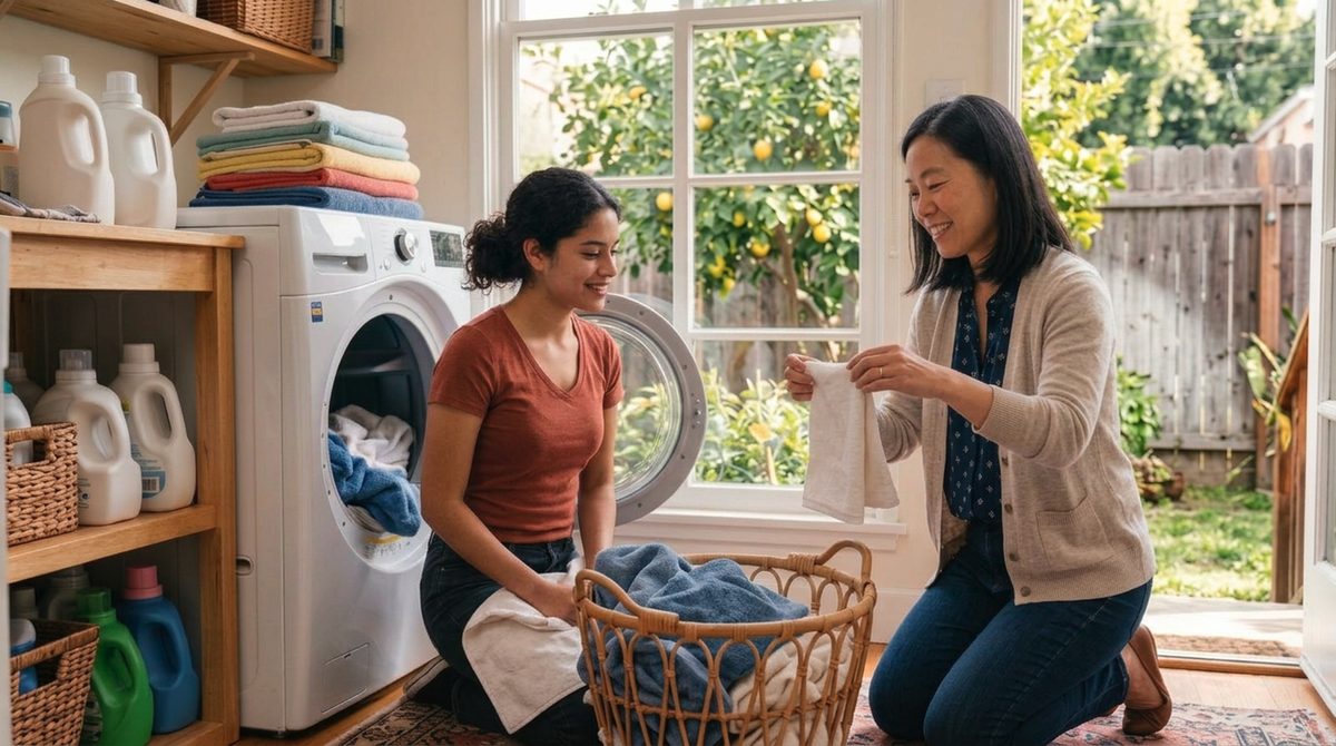A young woman kneels by a basket of clean towels while her specialist shows her how to fold one.