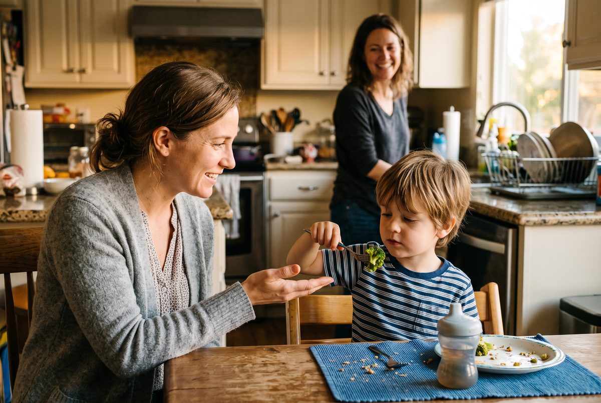 A young child tries a bite of broccoli at the kitchen table with a specialist beside them.