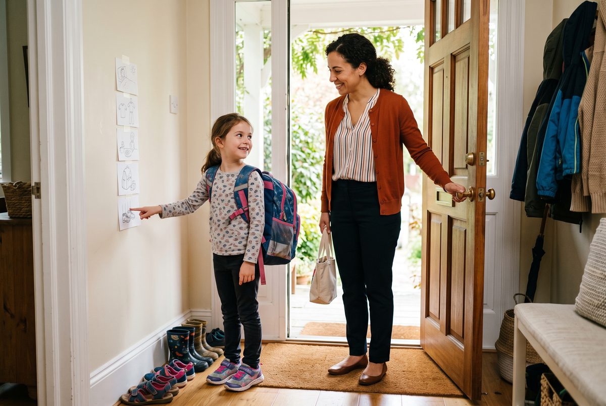 A child with a backpack points to the last step on a visual schedule by the front door.