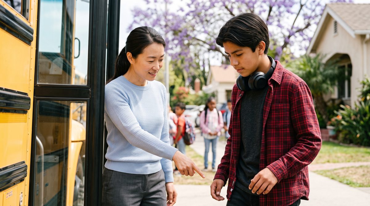 A teen heads onto the school bus on time while a specialist points to the step.