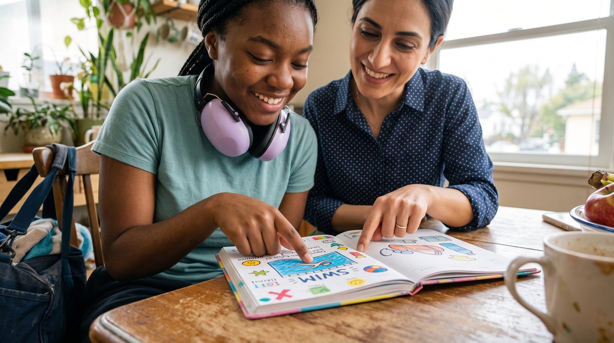 A young woman in ear defenders points to swim day in her picture planner, her specialist beside her.
