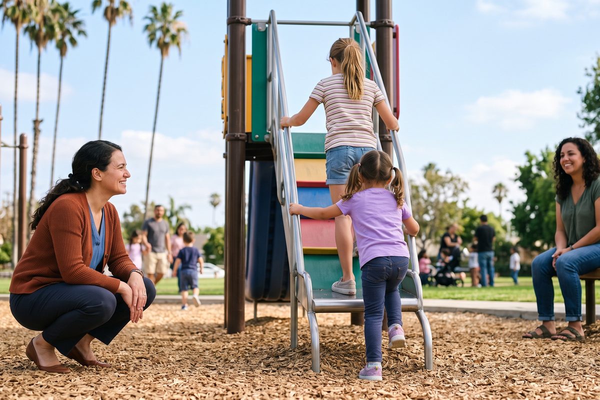 Two kids take turns climbing up to the slide while a specialist watches nearby.