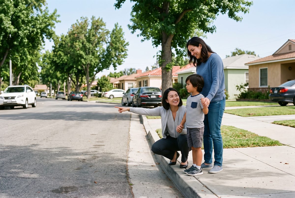 A child and two adults stop at the curb to look for cars before crossing.