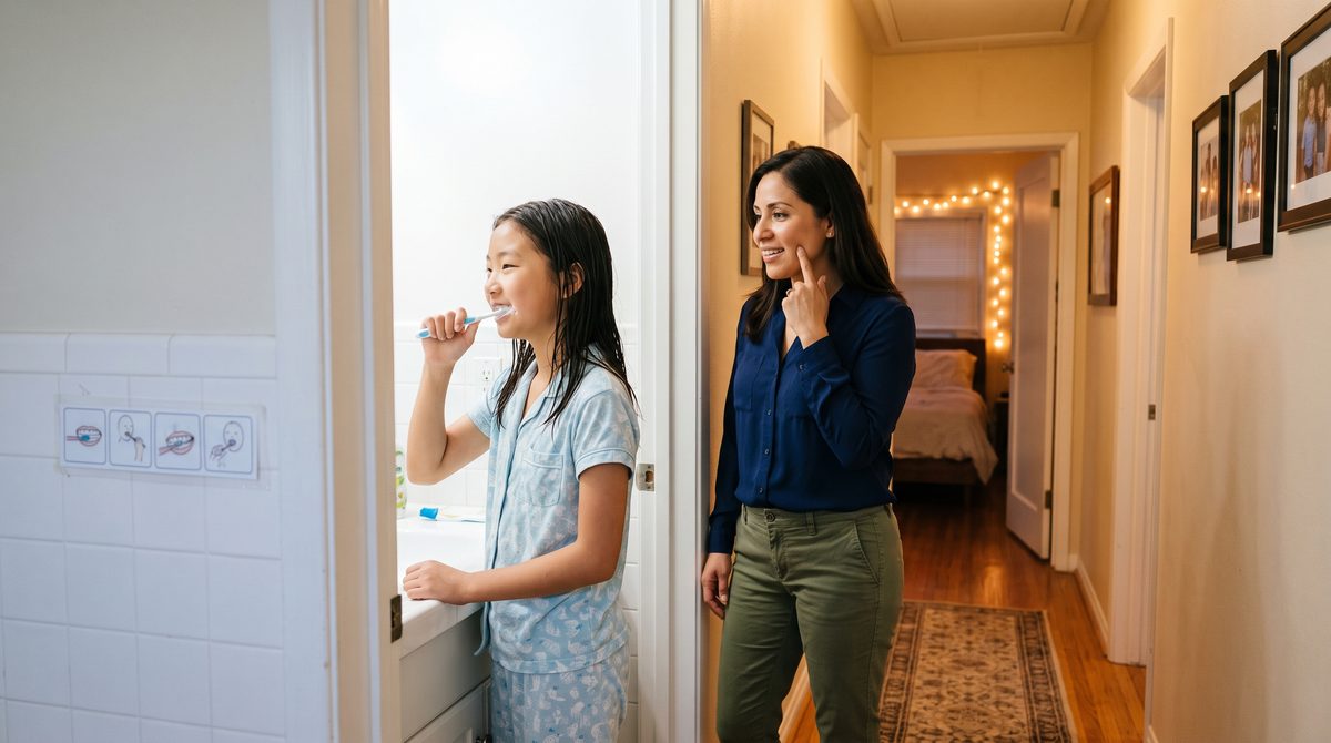 A teen brushes their teeth at bedtime while a specialist in the hallway points to the back teeth.