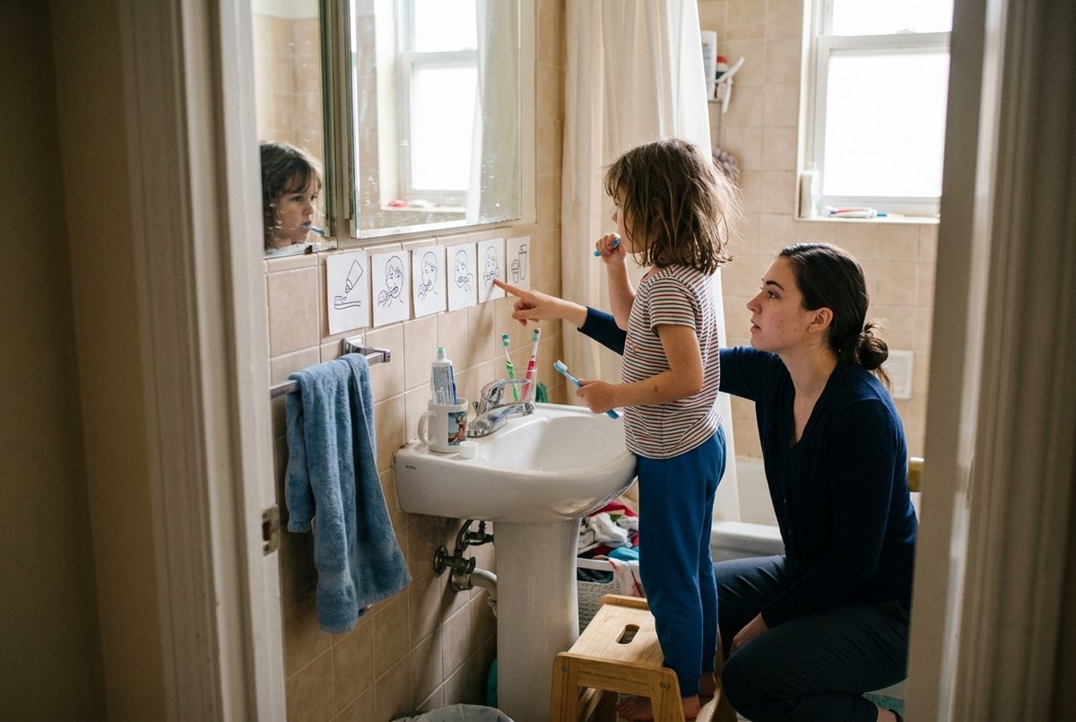 A young child brushes their teeth while a specialist points to the next picture on the wall.