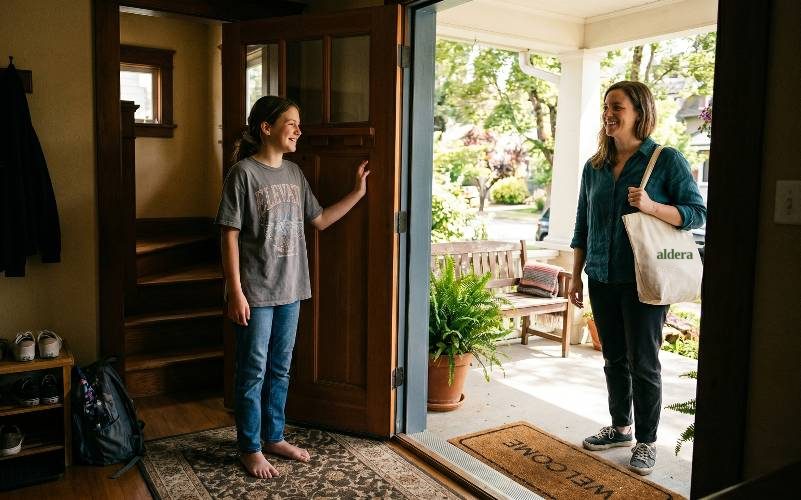 A child opening the front door to a smiling specialist carrying an Aldera tote bag.