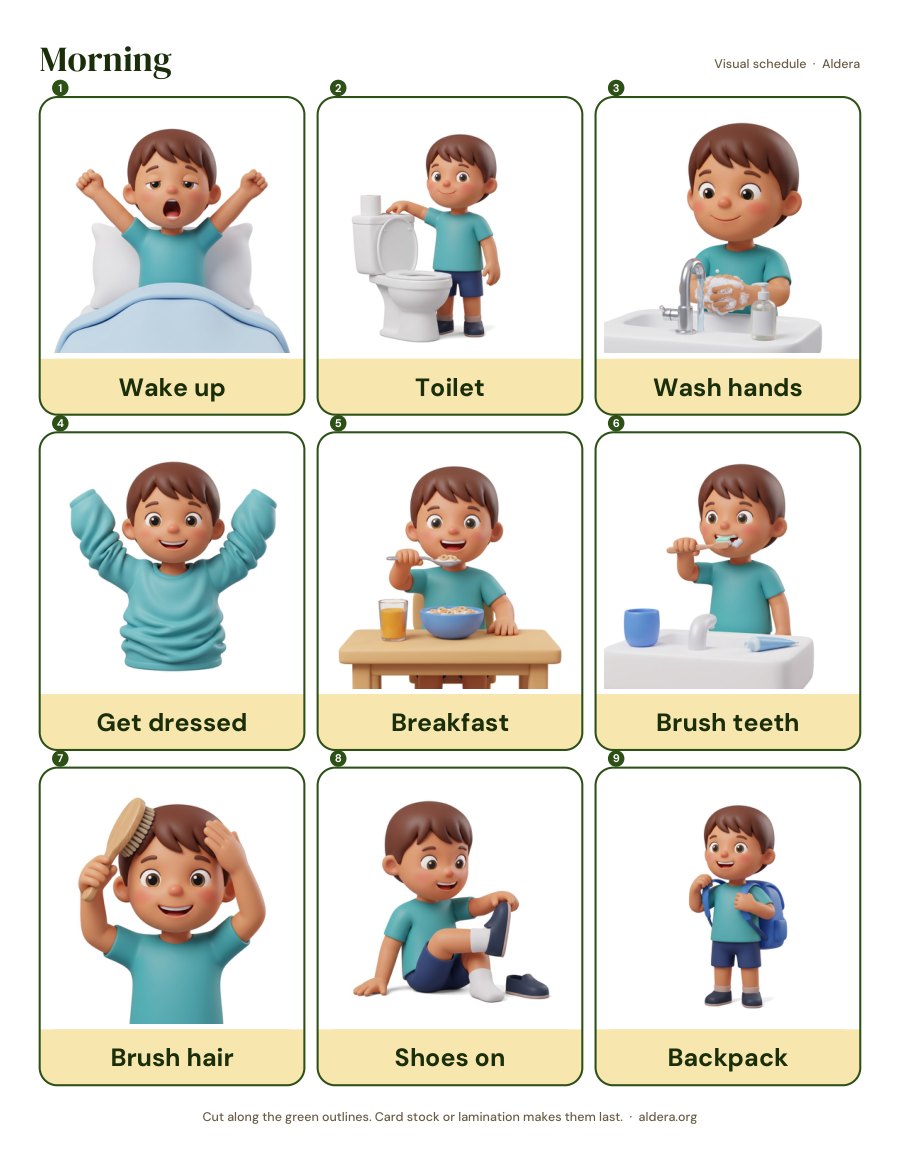 A printed Morning page in the Classic style: nine numbered cards from Wake up to Backpack, each with its word under the picture