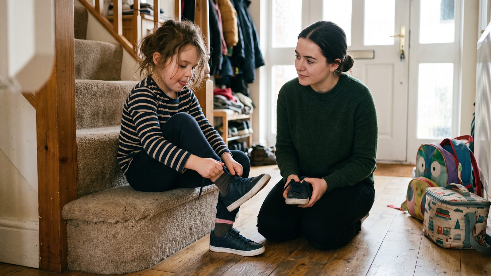 A child sits on the stairs tying a shoe while a woman kneels nearby, holding the other shoe and waiting.